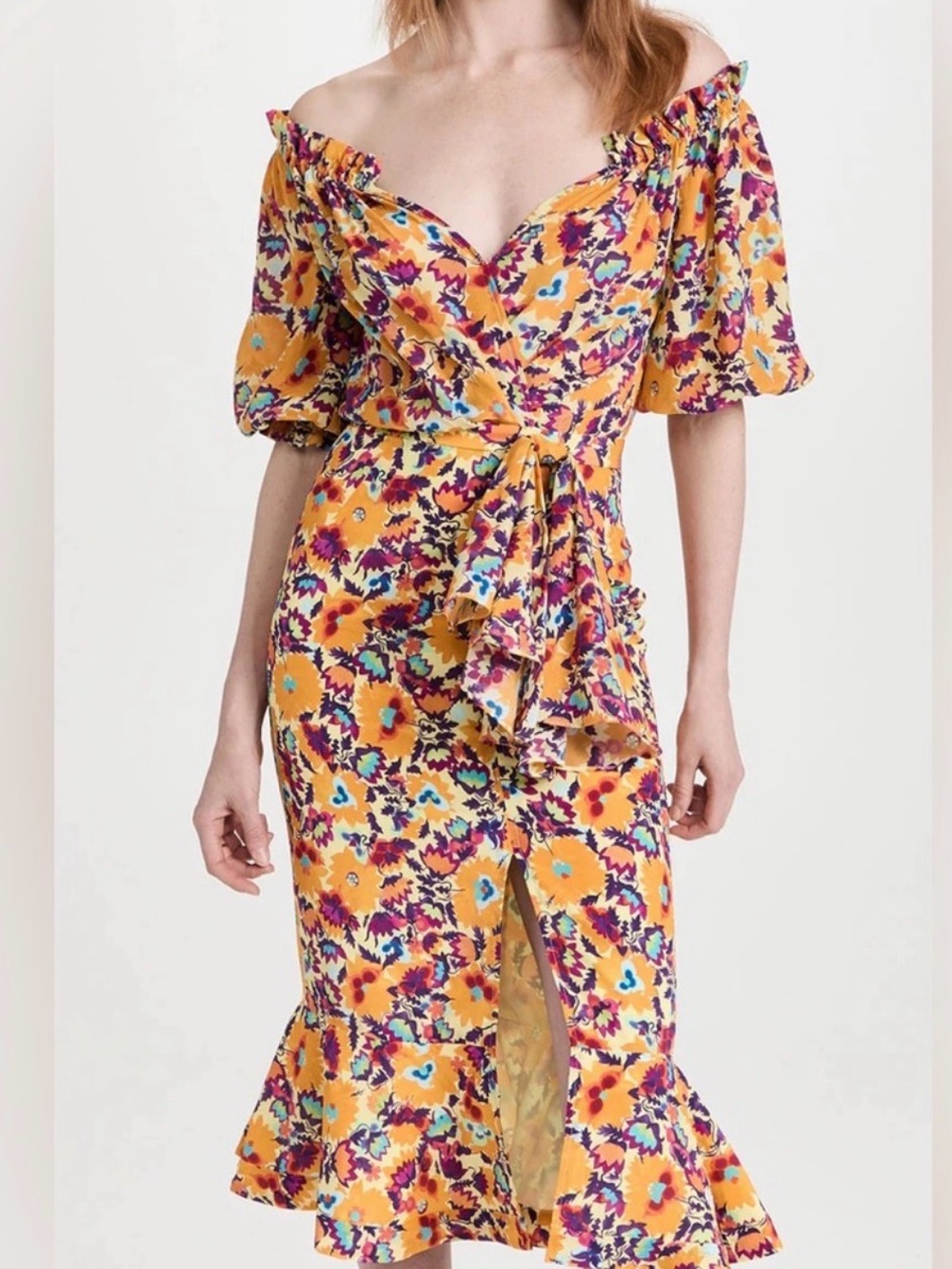 SALONI Yellow Floral Maxi Wrap Dress with Puff Sleeves